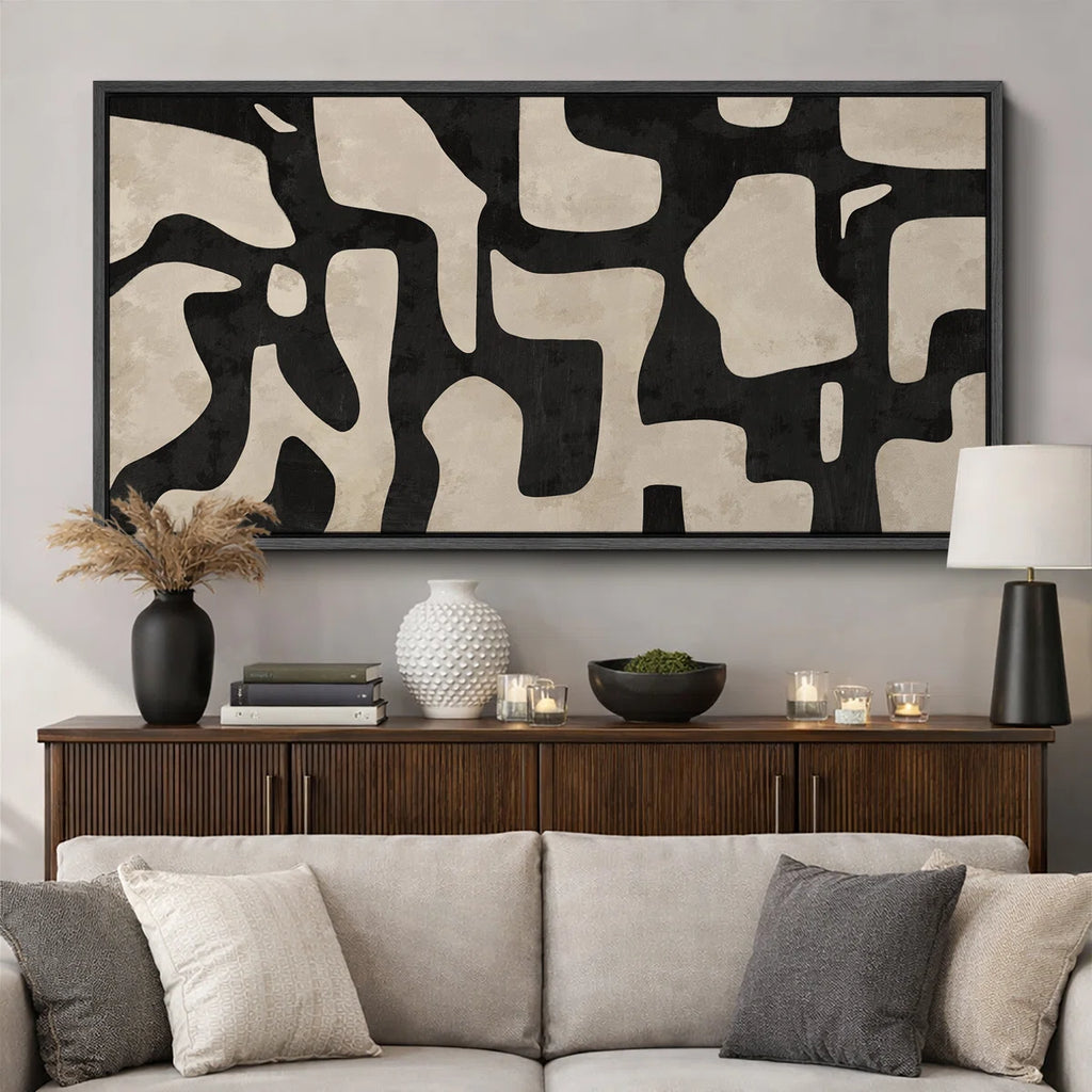 Mid Century Shape Abstract Contours, Black And White Beige Artwork, Retro Bedroom Home Decor, Extra Large Framed Canvas Print Wall Art