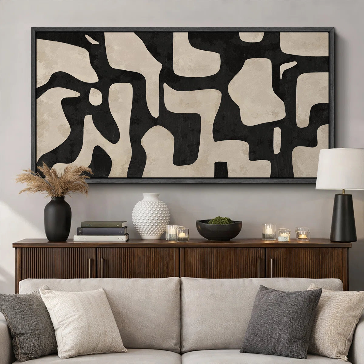 Mid Century Shape Abstract Contours, Black And White Beige Artwork, Retro Bedroom Home Decor, Extra Large Framed Canvas Print Wall Art