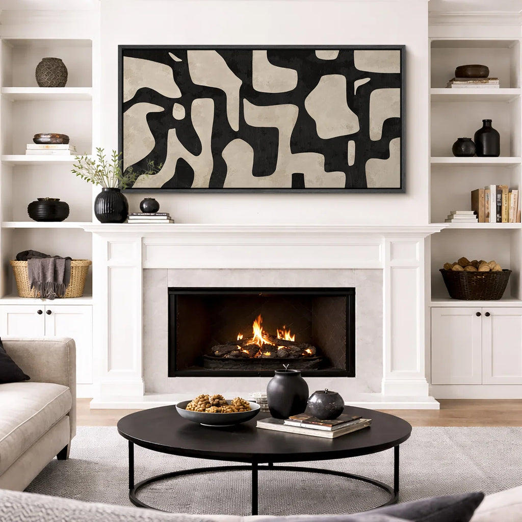 Mid Century Shape Abstract Contours, Black And White Beige Artwork, Retro Bedroom Home Decor, Extra Large Framed Canvas Print Wall Art