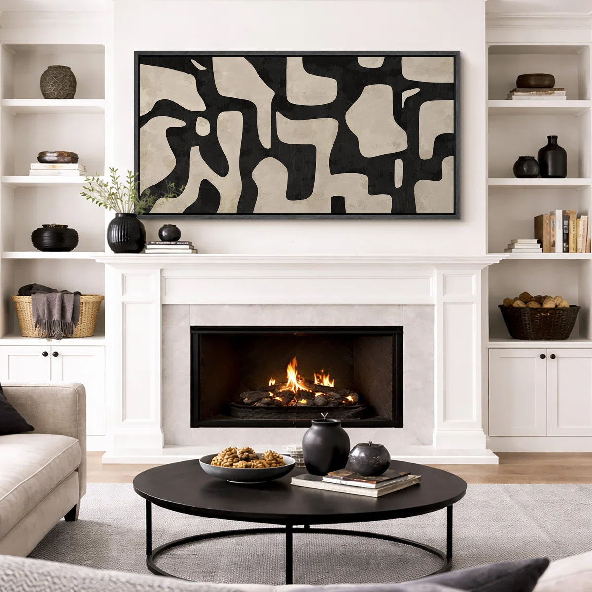 Mid Century Shape Abstract Contours, Black And White Beige Artwork, Retro Bedroom Home Decor, Extra Large Framed Canvas Print Wall Art