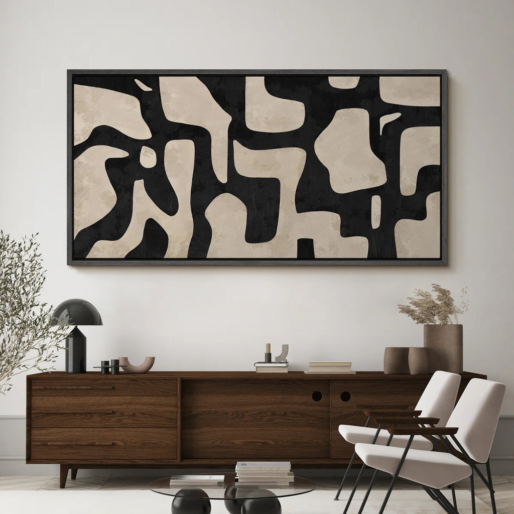 Mid Century Shape Abstract Contours, Black And White Beige Artwork, Retro Bedroom Home Decor, Extra Large Framed Canvas Print Wall Art
