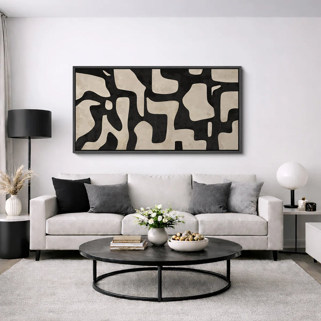 Mid Century Shape Abstract Contours, Black And White Beige Artwork, Retro Bedroom Home Decor, Extra Large Framed Canvas Print Wall Art