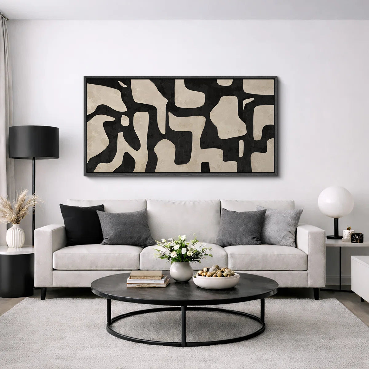 Mid Century Shape Abstract Contours, Black And White Beige Artwork, Retro Bedroom Home Decor, Extra Large Framed Canvas Print Wall Art