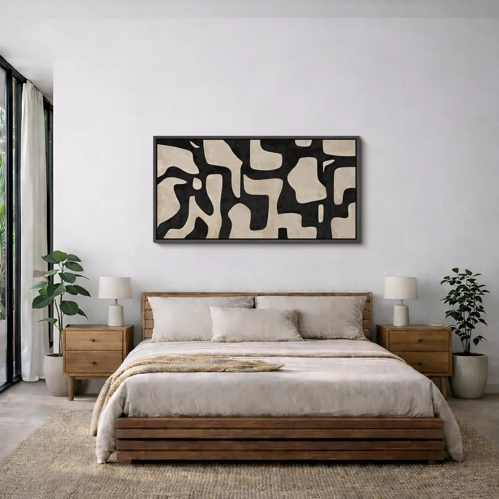 Mid Century Shape Abstract Contours, Black And White Beige Artwork, Retro Bedroom Home Decor, Extra Large Framed Canvas Print Wall Art