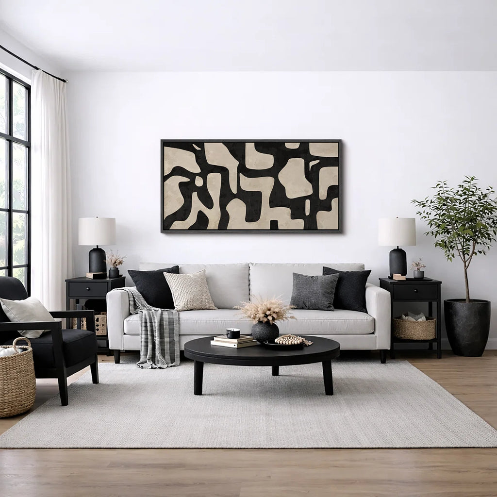Mid Century Shape Abstract Contours, Black And White Beige Artwork, Retro Bedroom Home Decor, Extra Large Framed Canvas Print Wall Art