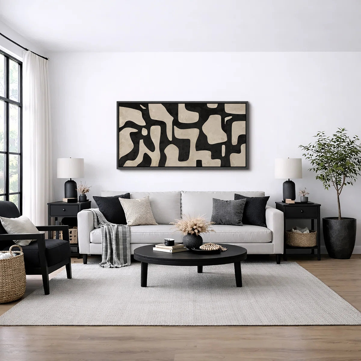Mid Century Shape Abstract Contours, Black And White Beige Artwork, Retro Bedroom Home Decor, Extra Large Framed Canvas Print Wall Art