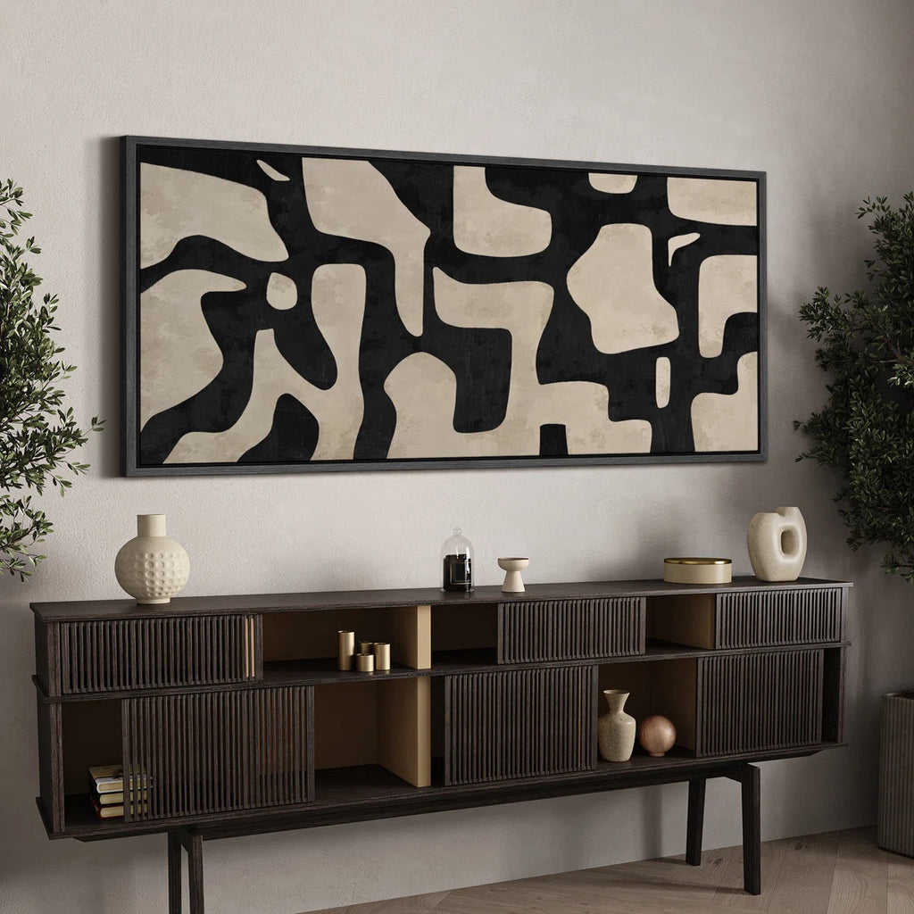 Mid Century Shape Abstract Contours, Black And White Beige Artwork, Retro Bedroom Home Decor, Extra Large Framed Canvas Print Wall Art